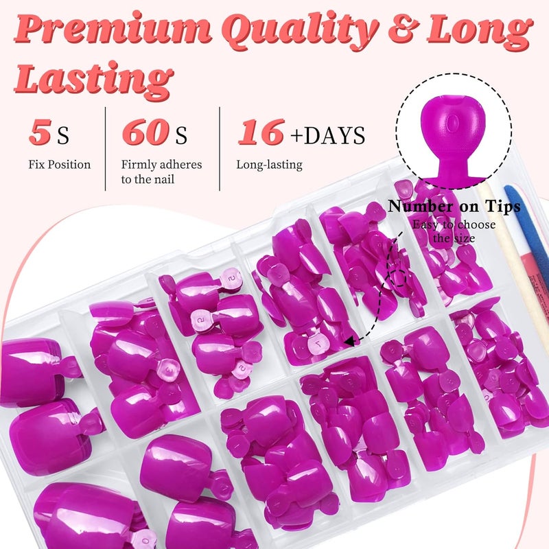 LuckForever 168pc Press on Toenails Women Fake Toe Nails with Adhesive Tabs, Purple Fake Toenails Press on Nails Toe Acrylic Nail Tips Short Square False Toenails Artificial Toe Nails Press ons - Image 4